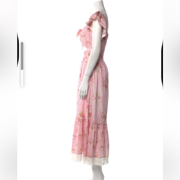 LoveShackFancy Pink Floral Gingham midi Dress Bow Cutout Cotton XL NWT - Picture 4 of 6